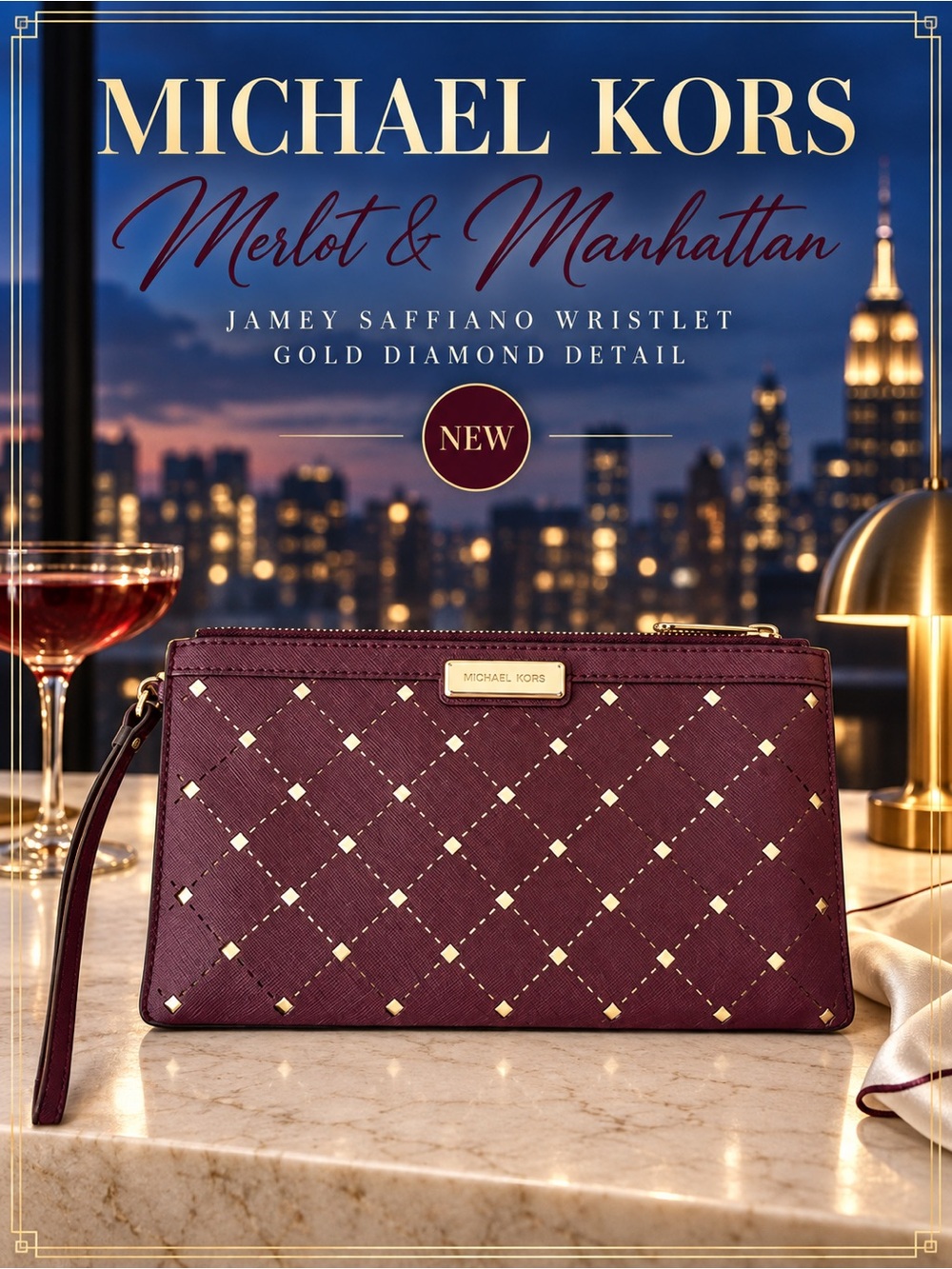 Michael Kors Jamey Saffiano Burgundy Wristlet Gold Accents 9.5" x 5" Fits Phone